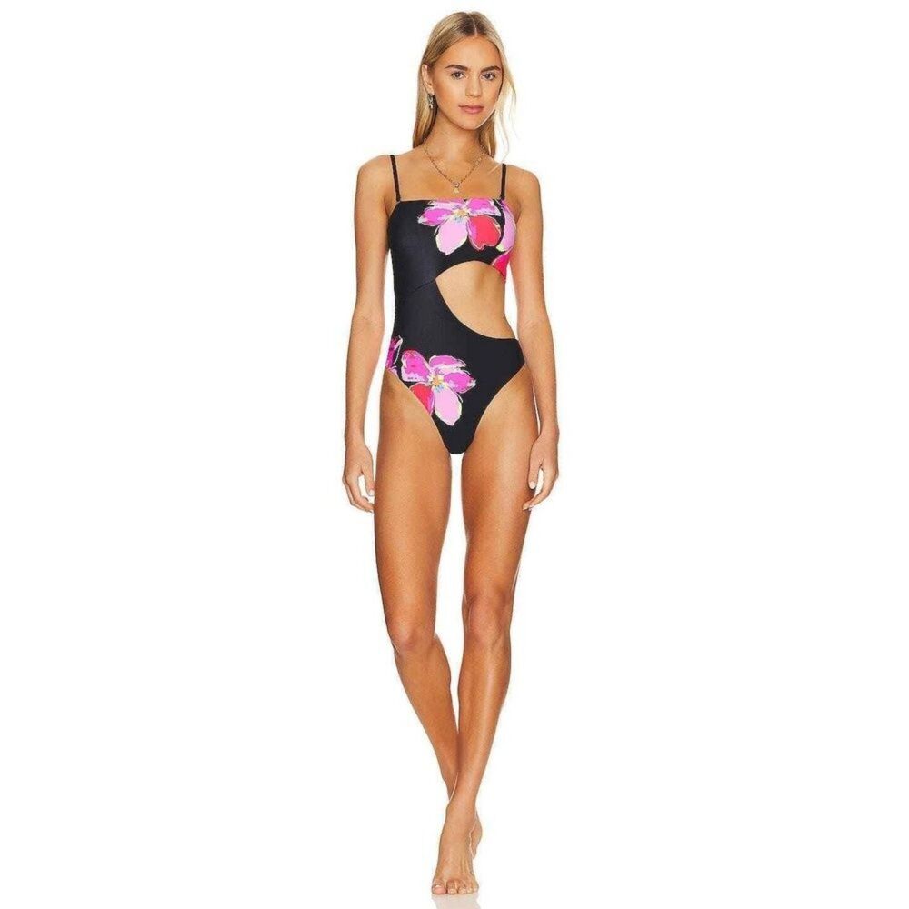 Maaji Cutout One Piece Swimsuit S Reversible Floral Resort Vacation Black Pink
